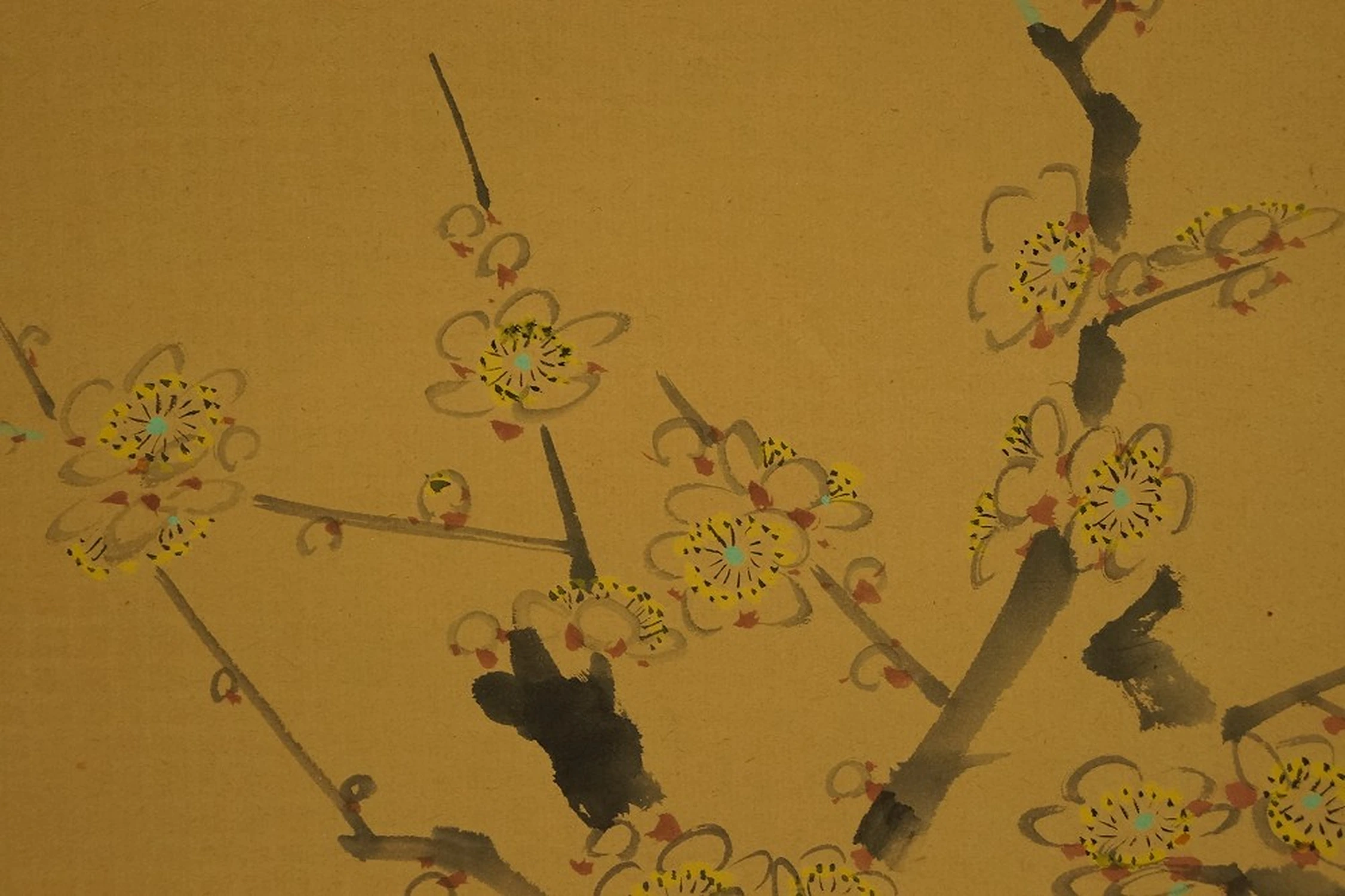 Blühender Pflaumenzweig mit Haiku von Bashō Ume-Motiv Nahaufnahme 1