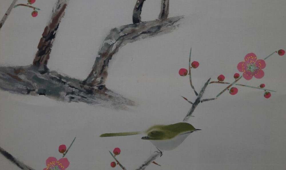 Kakemono de Nakamura Shundei: uguisu sobre una rama de ciruelo en flor