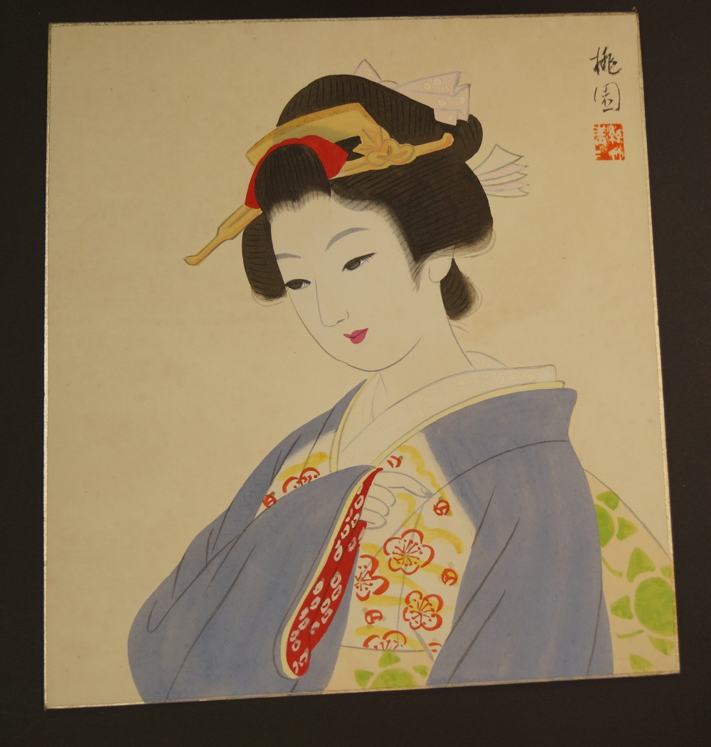 Shikishi board with painting of a beauty in kimono
