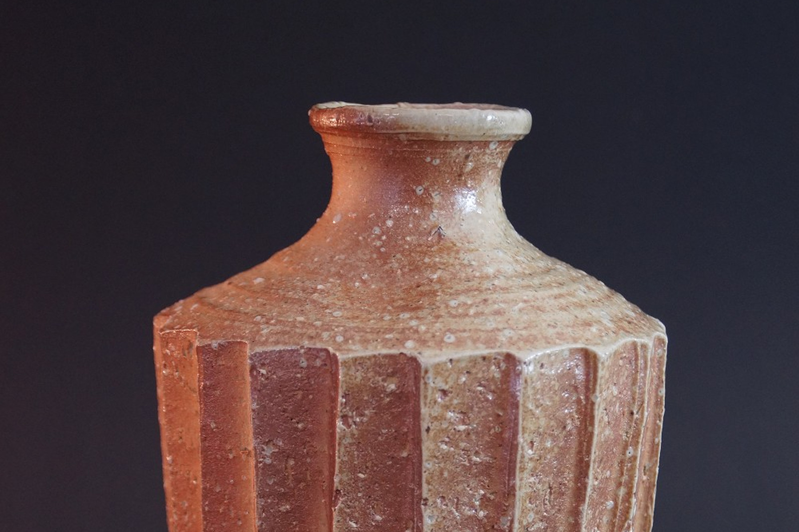 Handgetöpferte Shigaraki-Vase mit vertikaler Riefung, Mündung und Schulter vor ruhigem dunklem Hintergrund