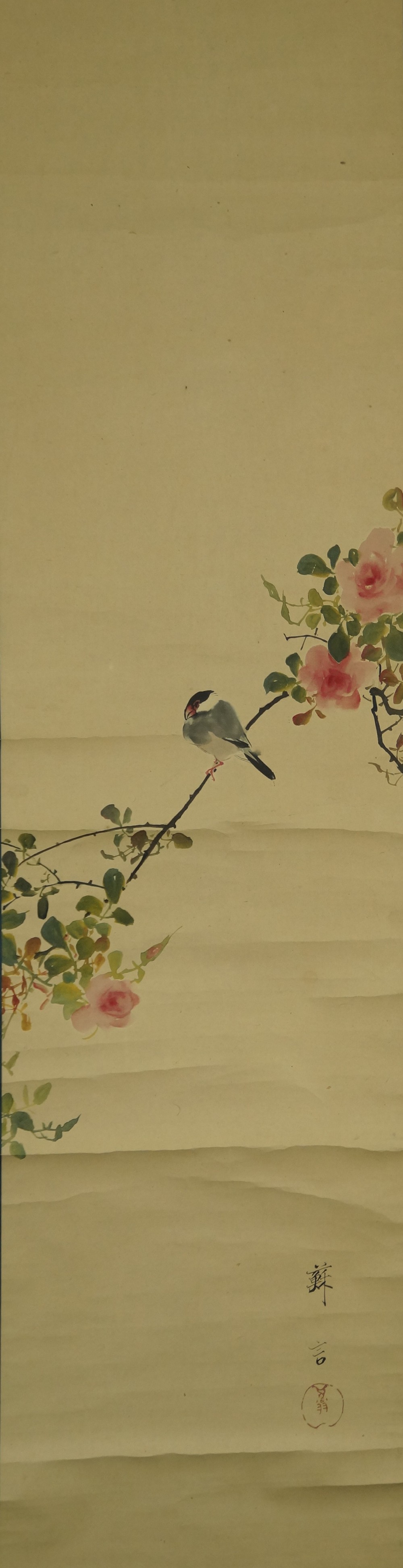 Vogel auf einem Rosenzweig Gesamtmotiv ohne Rahmung