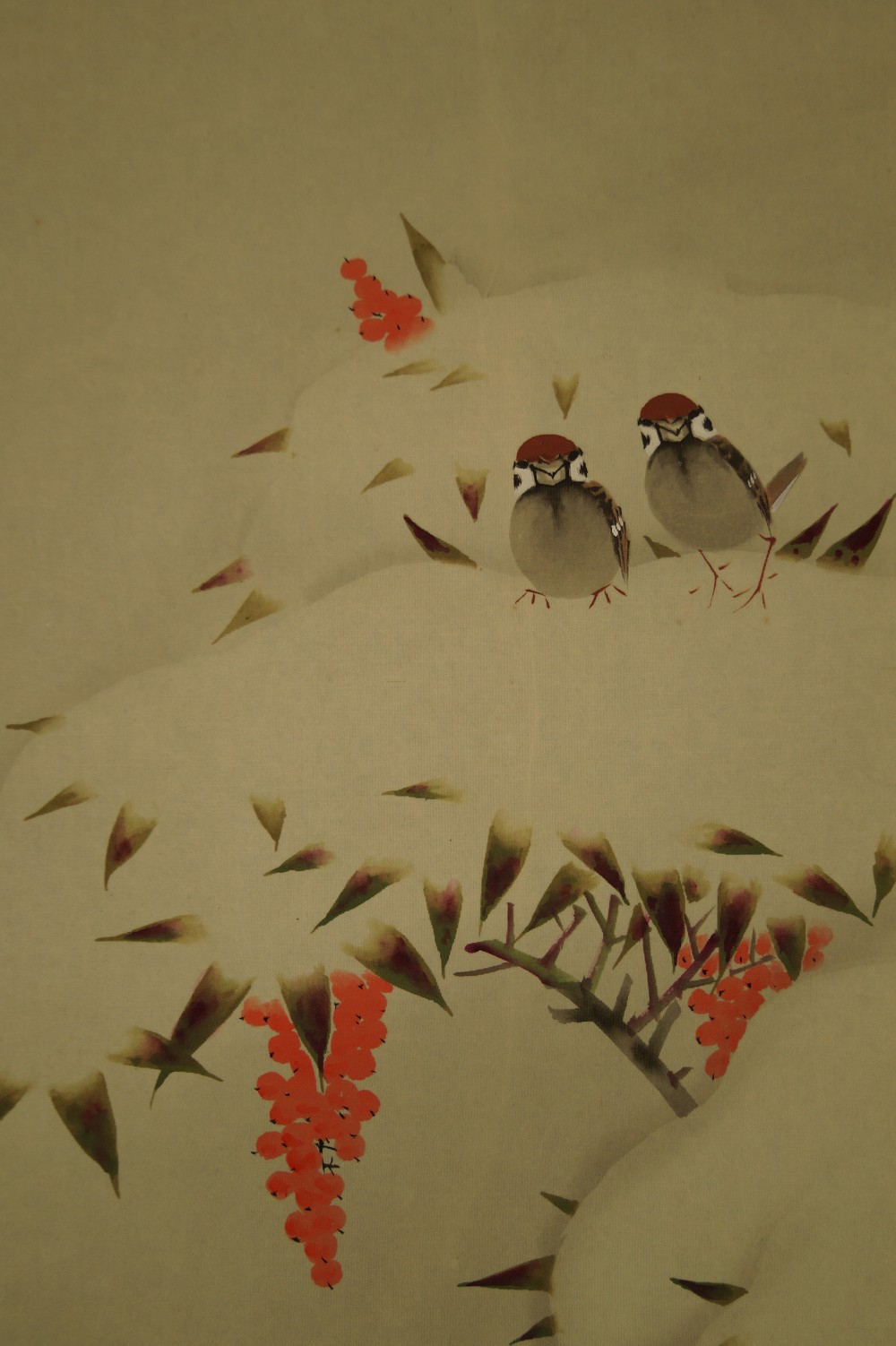 Zwei Spatzen im Winter Kakemono Spatzen Motiv Nahaufnahme 1