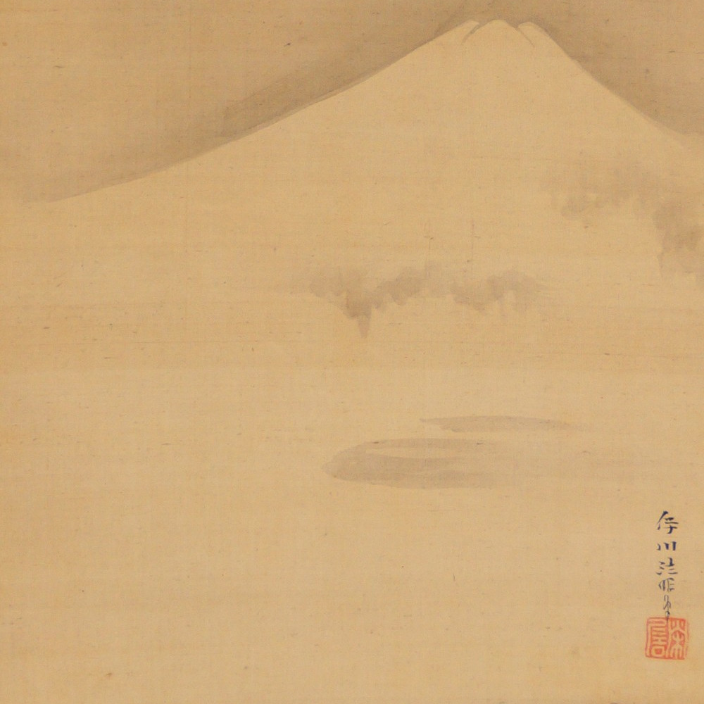 Kraniche vor dem verschneiten Fuji im Nebel, Kakemono in der Tradition der Kano-Schule