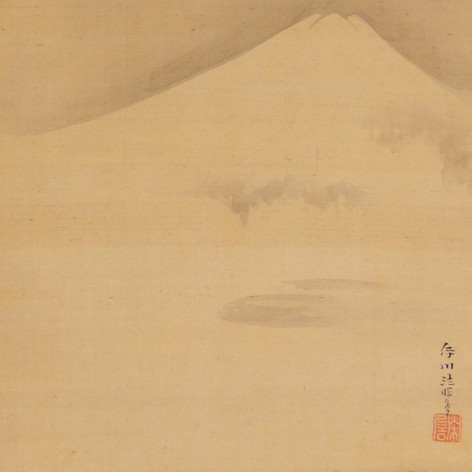 Kraniche vor dem verschneiten Fuji im Nebel, Kakemono in der Tradition der Kano-Schule