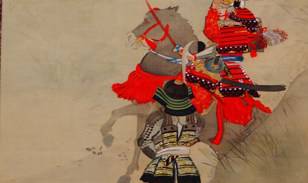 Kakemono von Kikuchi Yōsai: berittener Samurai in rot geschnürter Rüstung mit Fußsoldat.