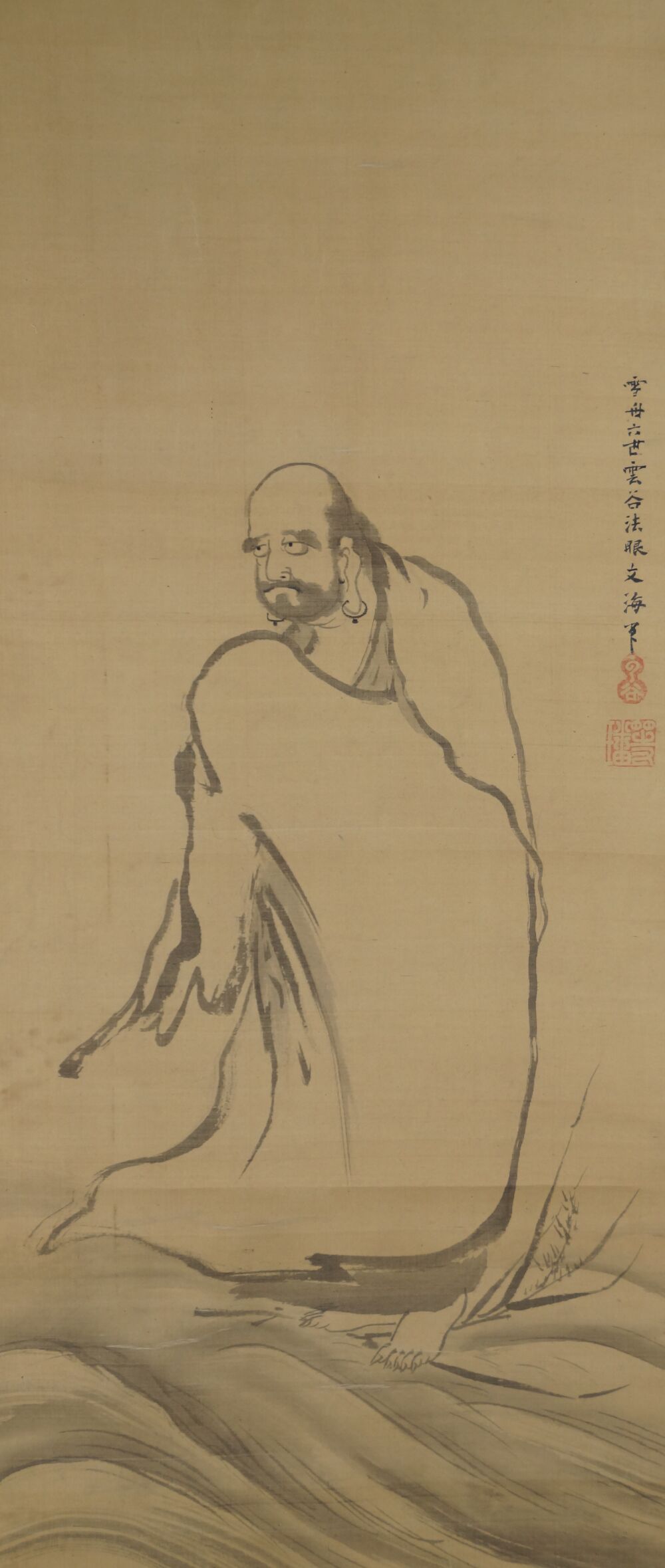 Weitere Ansicht der Bodhidharma-Figur ueber den Wellen im Kakemono Bodhidharma auf dem Weg, ohne Rahmung