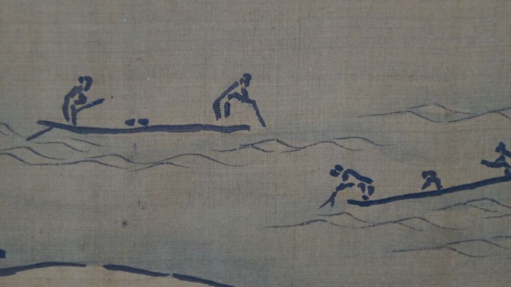 Weitere Nahaufnahme der Fischer auf ihren Floessen im Kakemono Fuji im Morgennebel