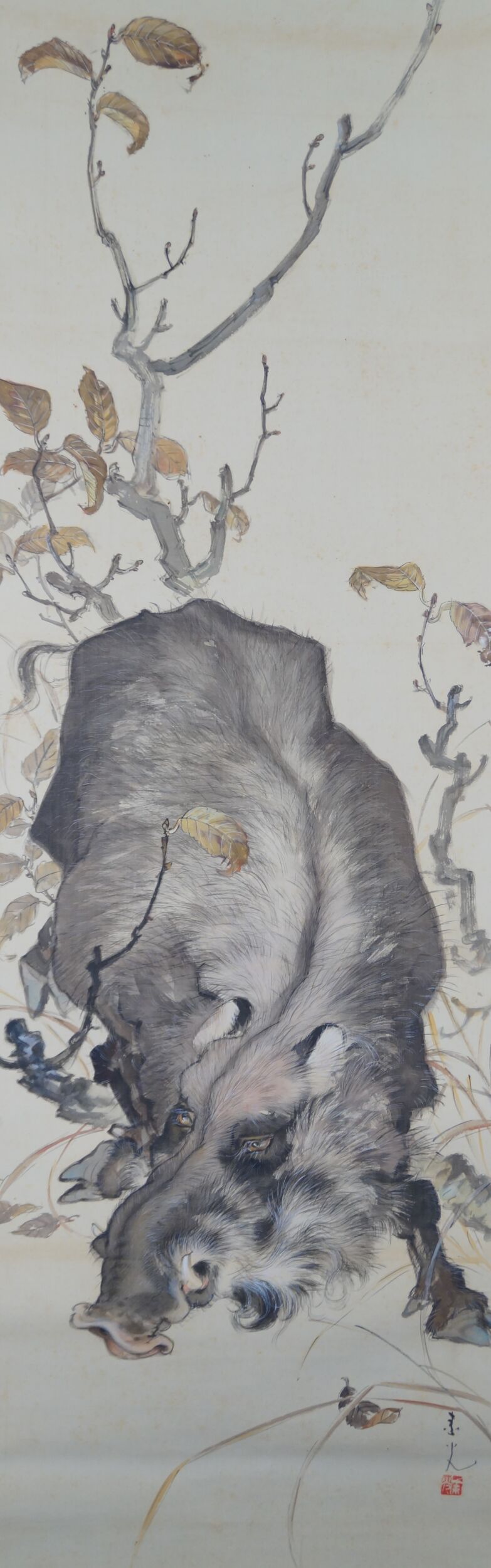 Gesamtmotiv des Kakemono Wildschwein im Herbstlaub mit liegendem Wildschwein unter Herbstzweigen, ohne Rahmung