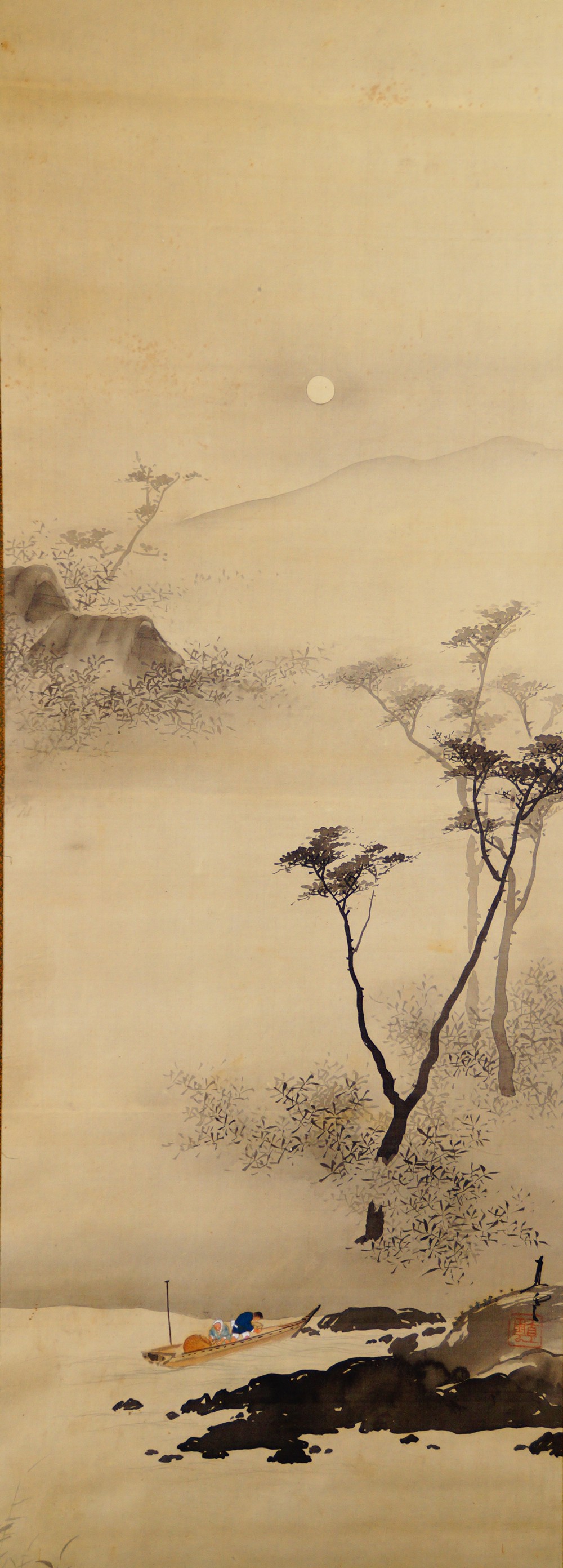 Motif complet sans montage avec bateau, lune, rochers et arbres dans le paysage à l'encre de Naoun