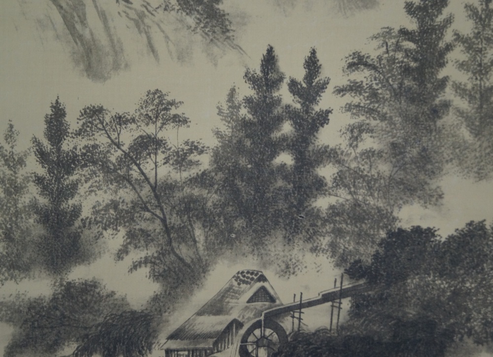 Landschaft mit Wassermuehle und Wasserfaellen Nahaufnahme der Baeume vor der Wassermuehle Wassermuehle-Motiv Nahaufnahme