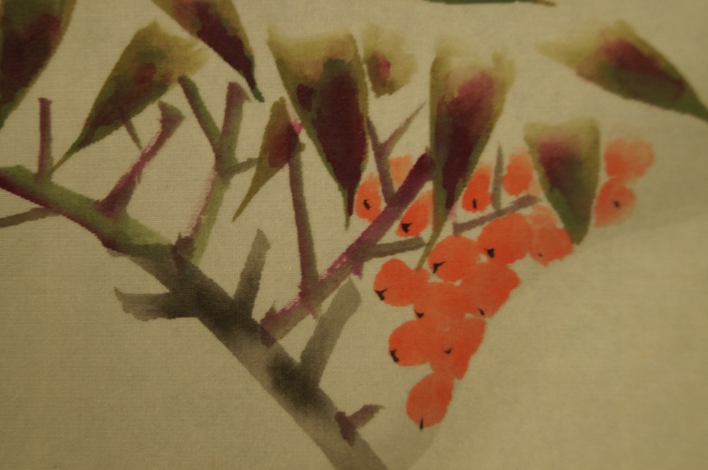 Zwei Spatzen im Winter Kakemono Beeren Motiv Nahaufnahme 2