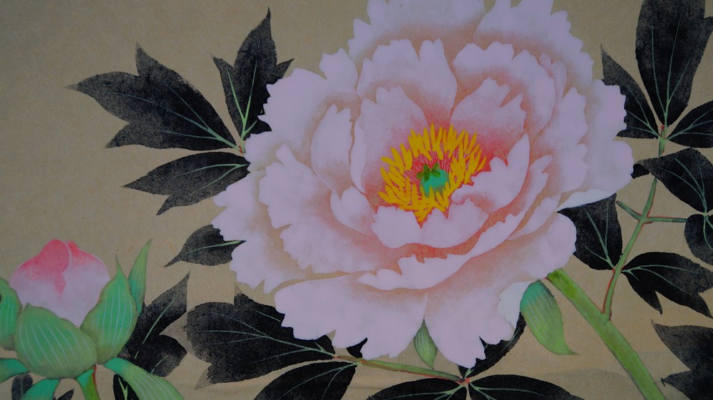 Nahaufnahme der rosa Pfingstrosenbluete mit gelbem Bluetenstempel von Satomi Shokin