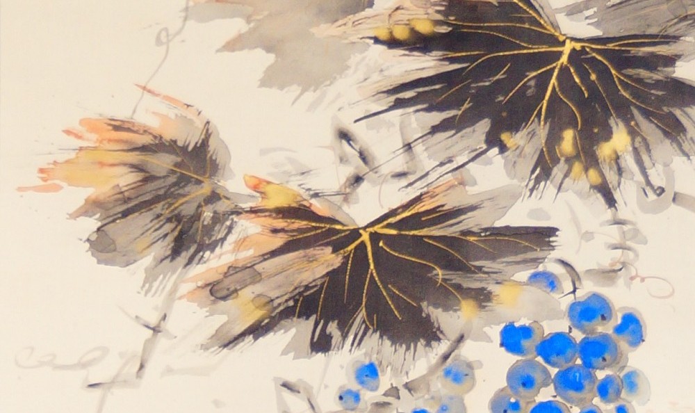 Kakemono von Mori Getsujō: Streifenhörnchen in Weinranken, in Farbe auf Seide.