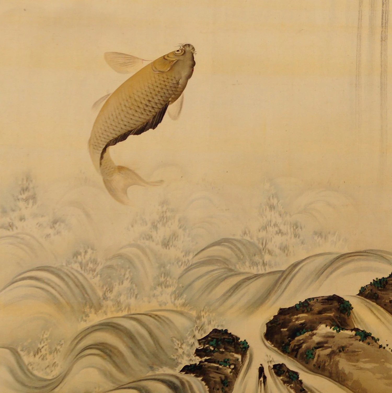 Springender Karpfen ueber schaeumenden Wellen im Kakemono Karpfen unter dem Wasserfall von Takekawa Tomohiro