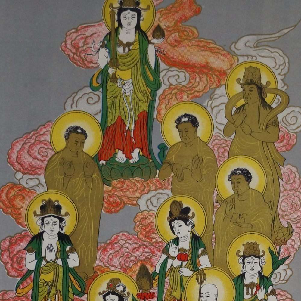 Die 13 Buddhas Vorschau Nahaufnahme der goldenen Gottheiten in Wolken Motiv Nahaufnahme Vorschau