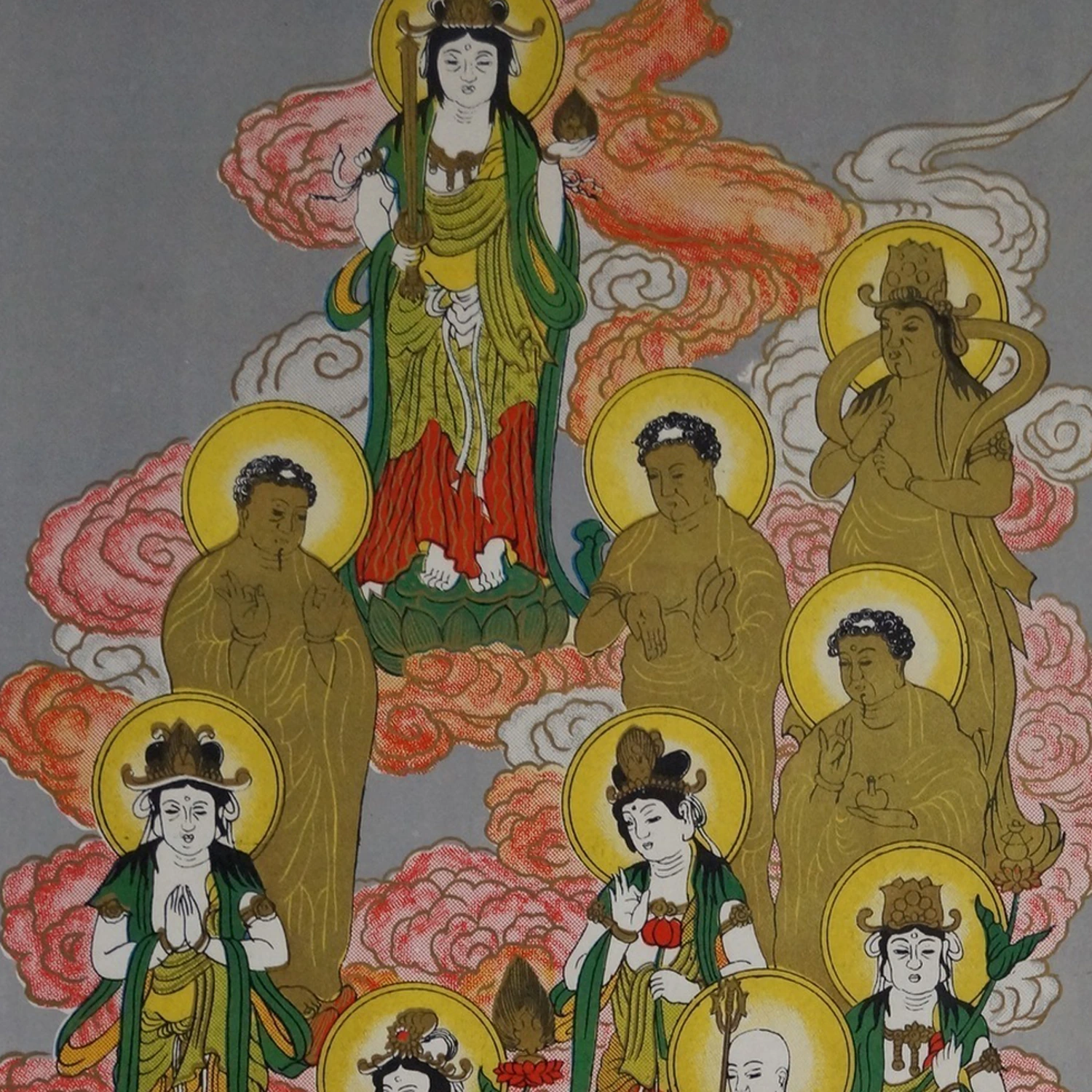 Die 13 Buddhas Vorschau Nahaufnahme der goldenen Gottheiten in Wolken Motiv Nahaufnahme Vorschau