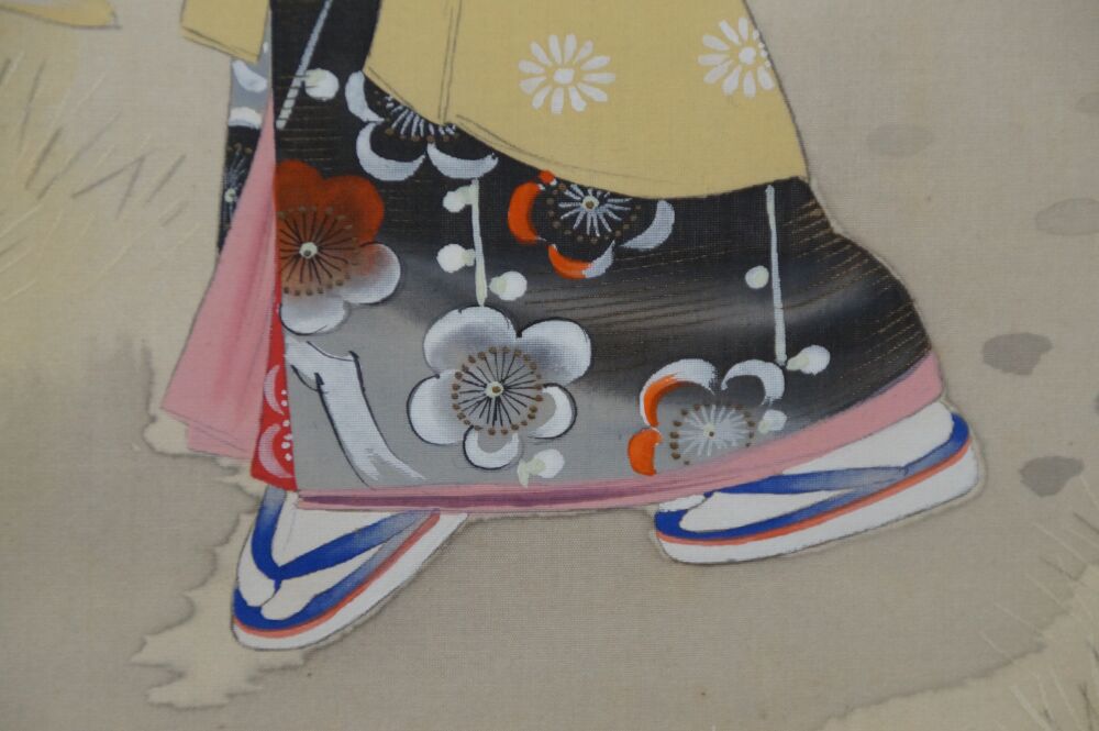 Detail View of Feet with Painted Geta and Kimono Hem in the Kakemono Lady in a Kimono under a Blooming Plum Tree