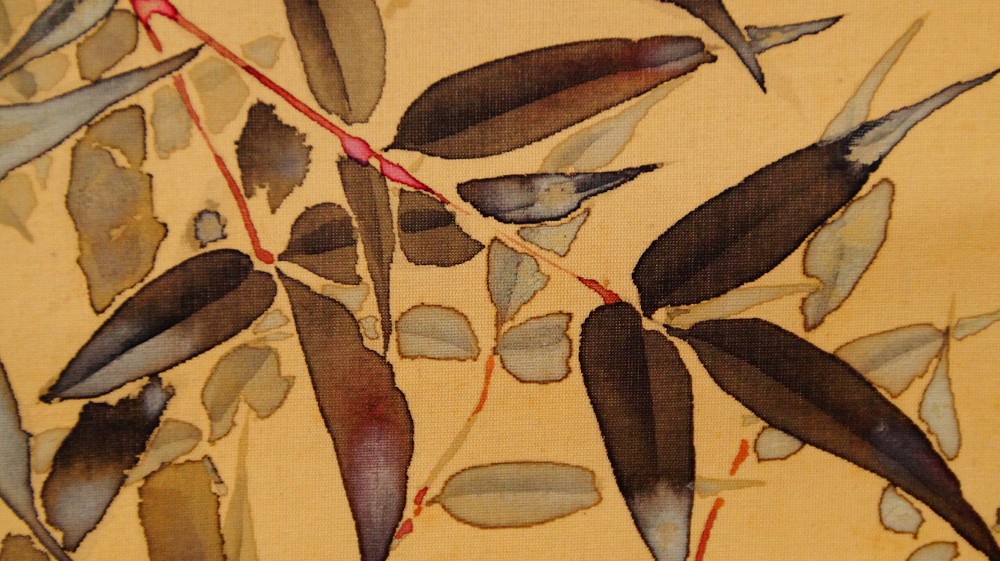 Nahaufnahme der Bambusblaetter und -stiele im Kakemono Naturstille von Mikami Kyokuho