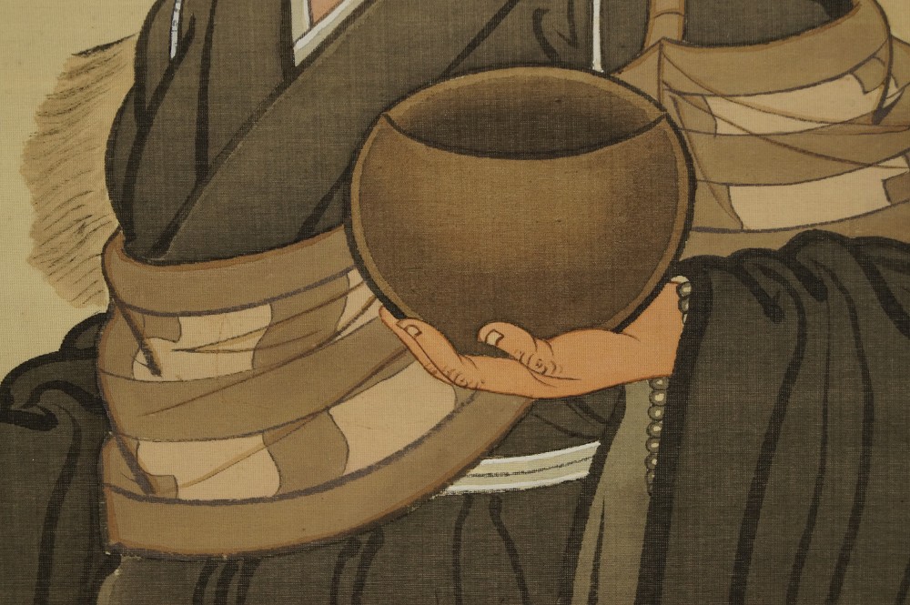 Japanisches Rollbild Zen Moench Bettelschale Nahaufnahme
