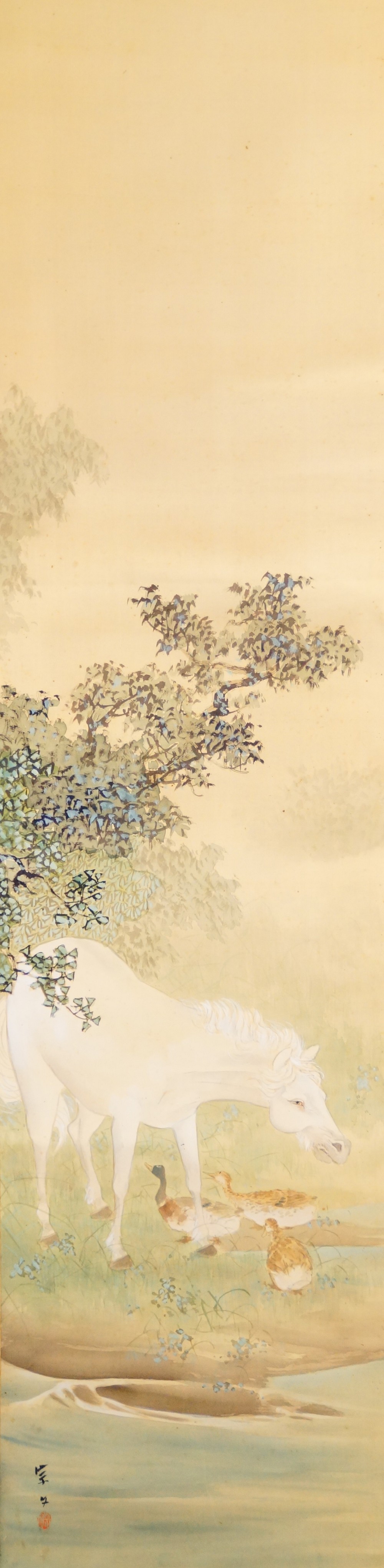 Gesamtmotiv ohne Rahmung mit Pferd, Baum und Enten am Wasserufer von Sobun