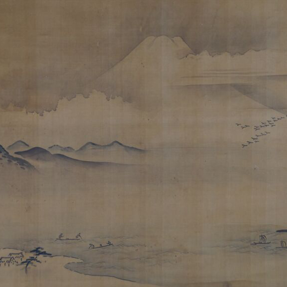 Weitere Ansicht des Fuji, der Gaense und der Fischerboote im Kakemono Fuji im Morgennebel, ohne Rahmung