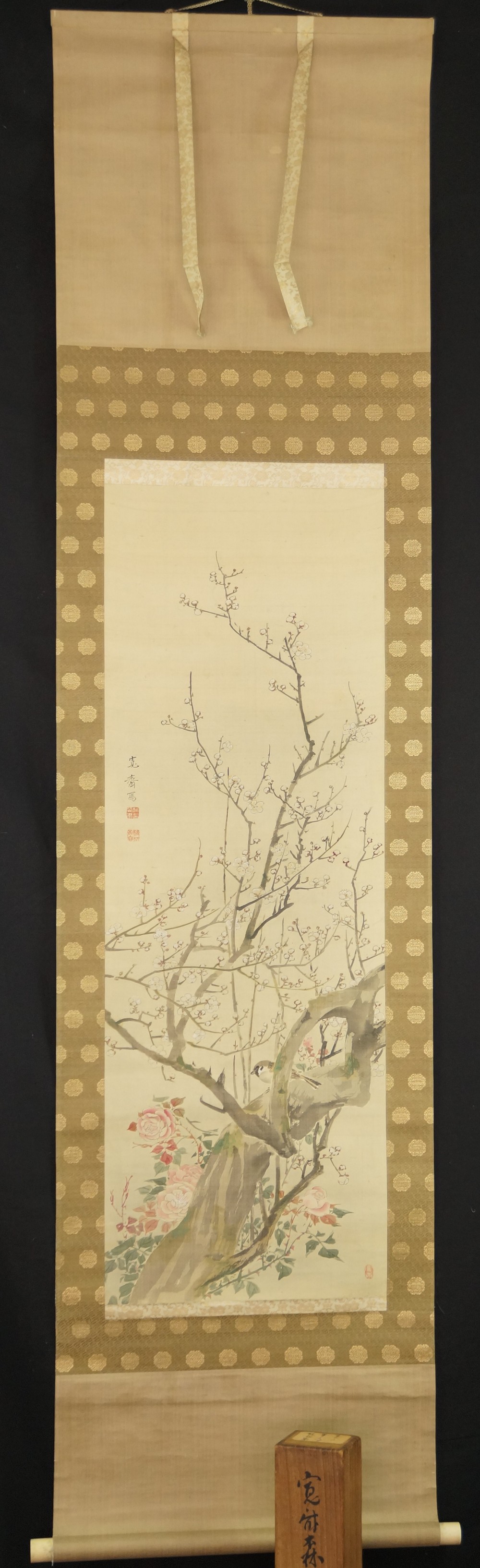 Spatz auf einem Sakura-Zweig von Mori Kansai Gesamtansicht Rollbild