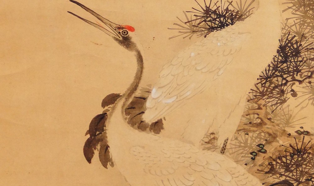 Kakemono von Murata Tōho: Kraniche unter Kiefernzweigen, in Tusche und Farbe auf Seide.