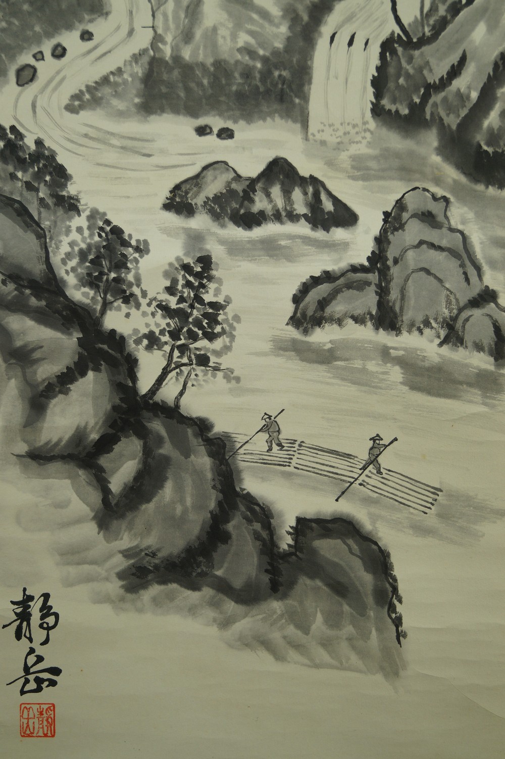 Landschaft mit Wasserfall und Floessern Nahaufnahme der Flussszene mit den beiden Floessern Floesser-Motiv Nahaufnahme