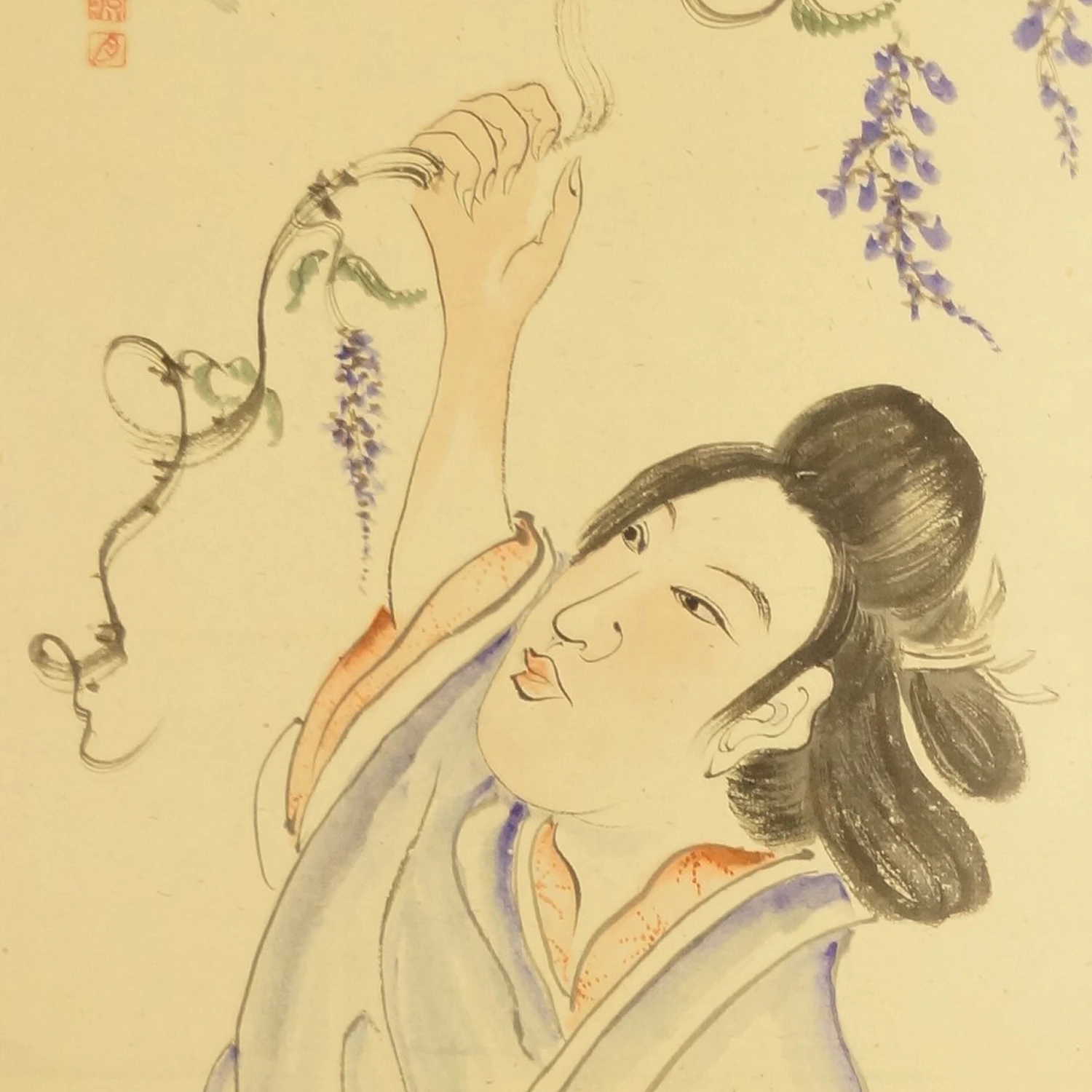 Dame mit Oni unter Glyzinienblüten Motiv Nahaufnahme Vorschau