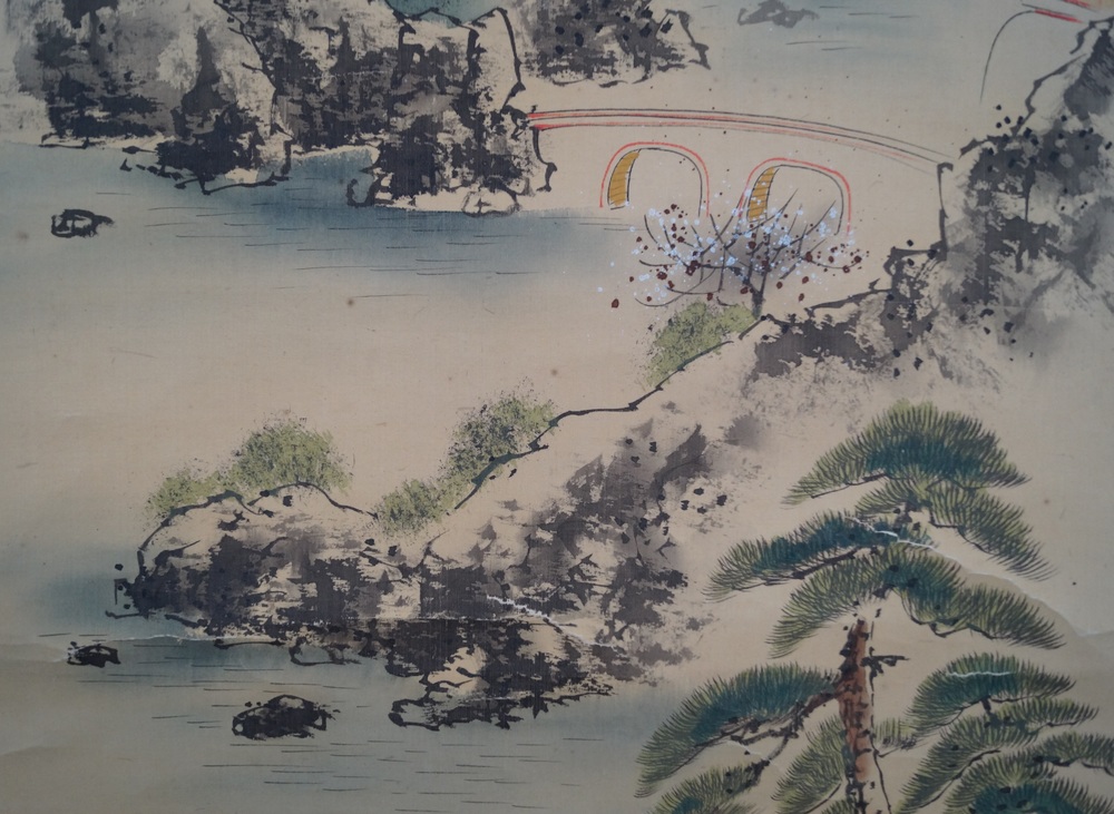 Paysage de montagne idyllique Kakejiku motif de pont gros plan 2