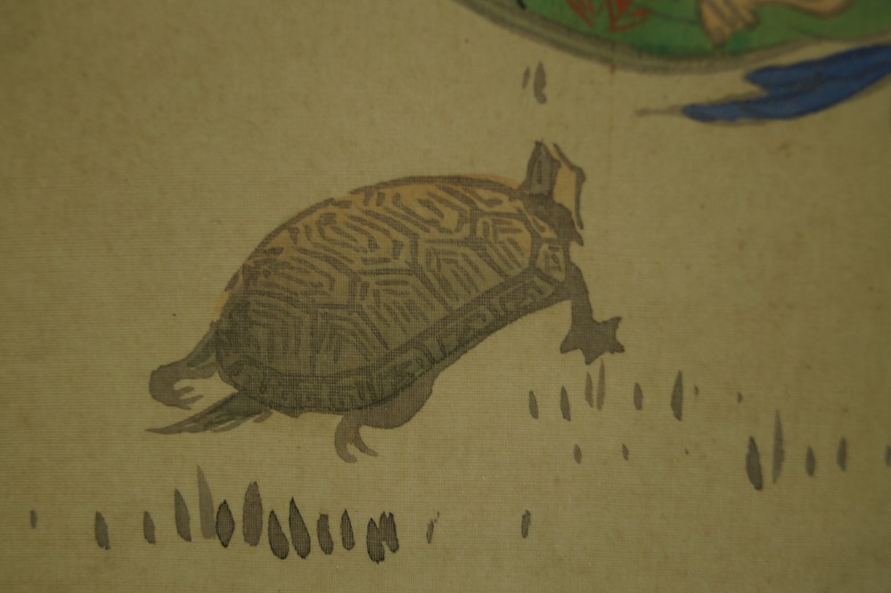 Rouleau suspendu de la légende de Takasago Gros plan du motif de la tortue