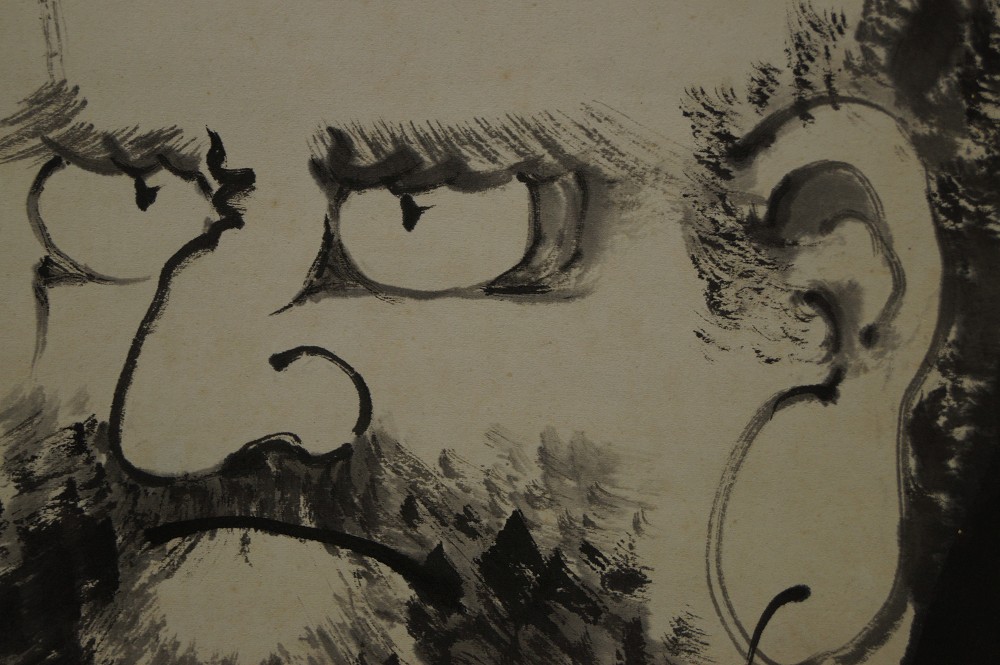 Bodhidharma mit durchdringendem Blick Pinselfuehrung Nahaufnahme 1