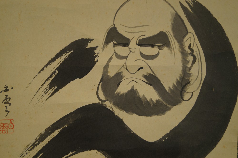 Bodhidharma Portraet mit Tuschekreis Motiv Nahaufnahme