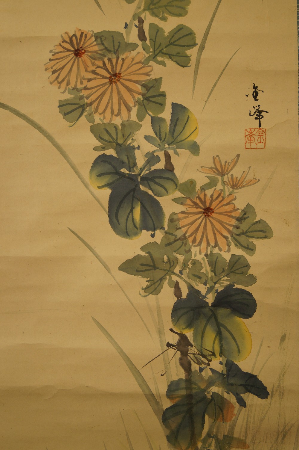 Kakemono Moineau Motif chrysanthèmes gros plan 2