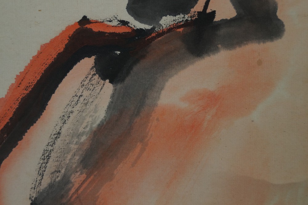 Tuschemalerei Gewand des Bodhidharma Pinselfuehrung Nahaufnahme
