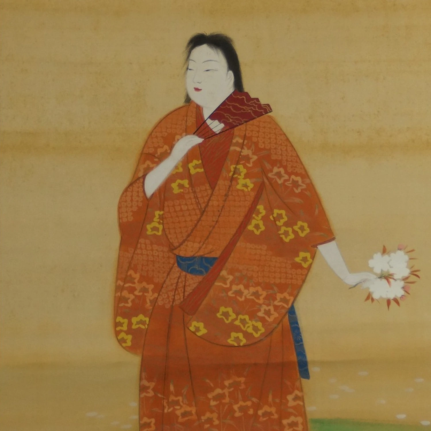 Vorschau-Nahaufnahme der Frau im orangefarbenen Kimono mit Sakurazweig