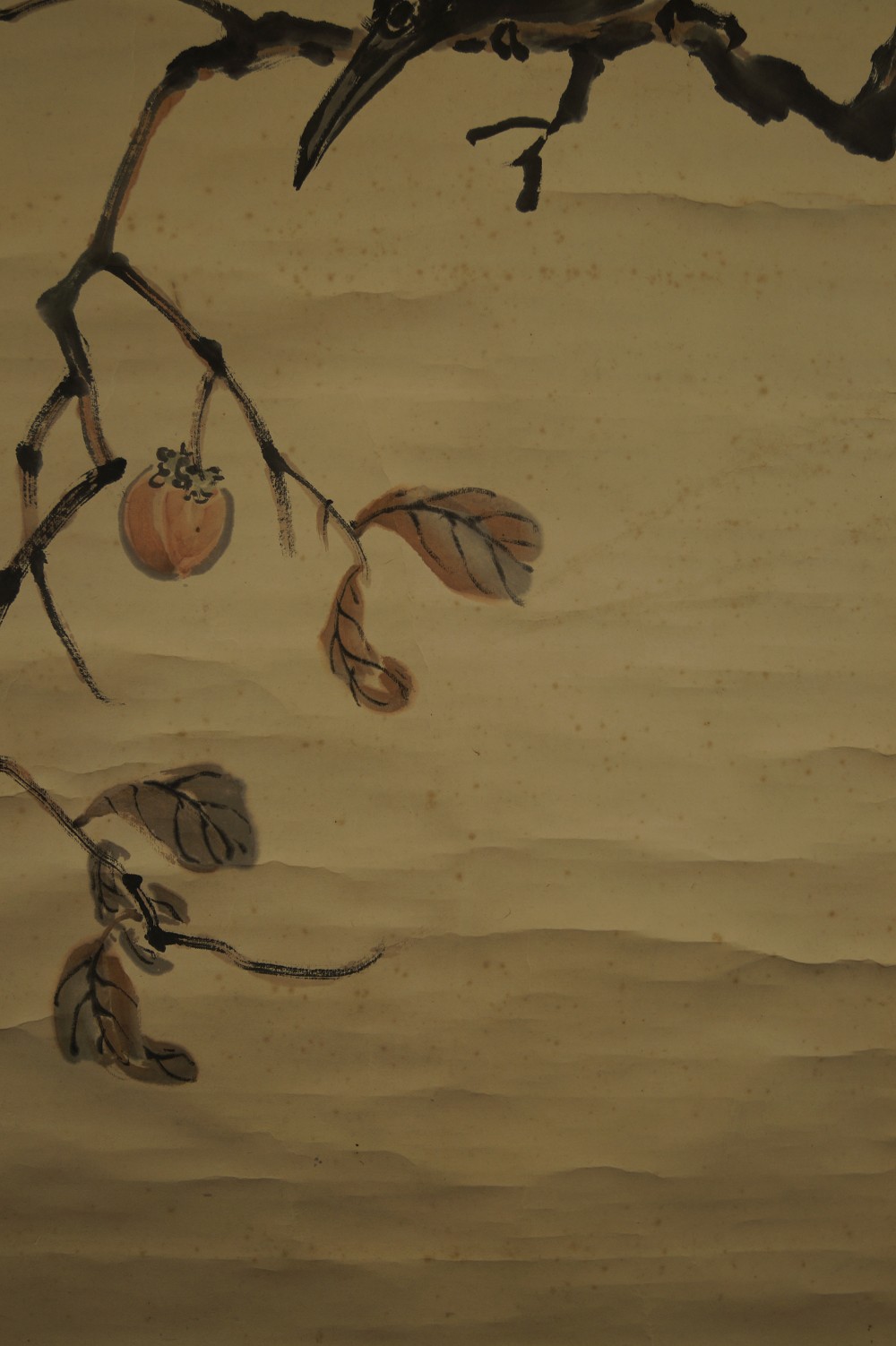 Japanisches Rollbild Kraehe Kaki Motiv Nahaufnahme 1