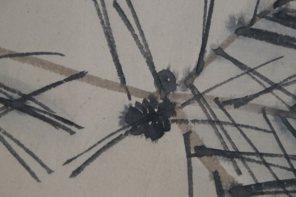 Close-up of the pine cone and needles in the Kakemono Puppy in the Evening Glow Under Pines