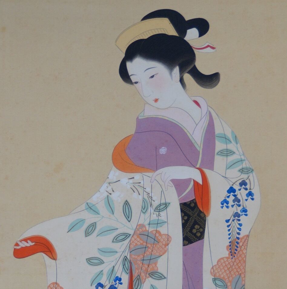Weitere Ansicht des Gesamtmotivs mit junger Frau und Kimono-Schrank im Kakemono Junge Frau vor ihrem Kimono-Schrank, ohne Rahmung