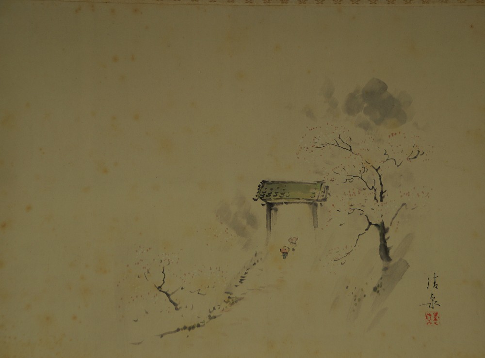 Full motif of the torii with blossoming trees and wanderer figure without mounting