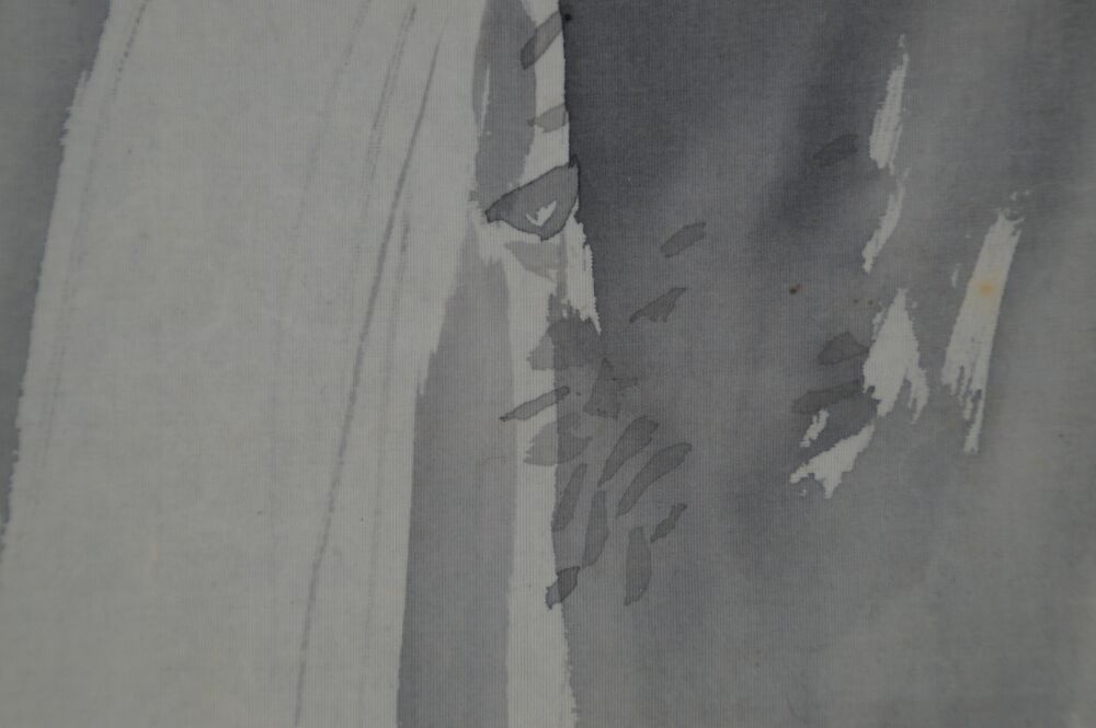 Weitere Nahaufnahme des Wasserfalls mit Felsstruktur im Nebel im Kakemono Wasserfall im Nebel