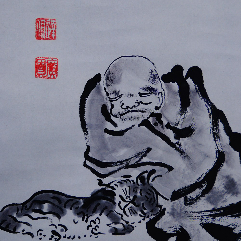 In Tusche gemalter Zen-Meister mit Tigern, Kakemono von Akamatsu Tatsuaki