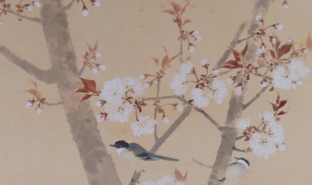 Kakemono von Suma Taisui: blühender alter Kirschbaum im Frühling, in Farbe auf Seide.