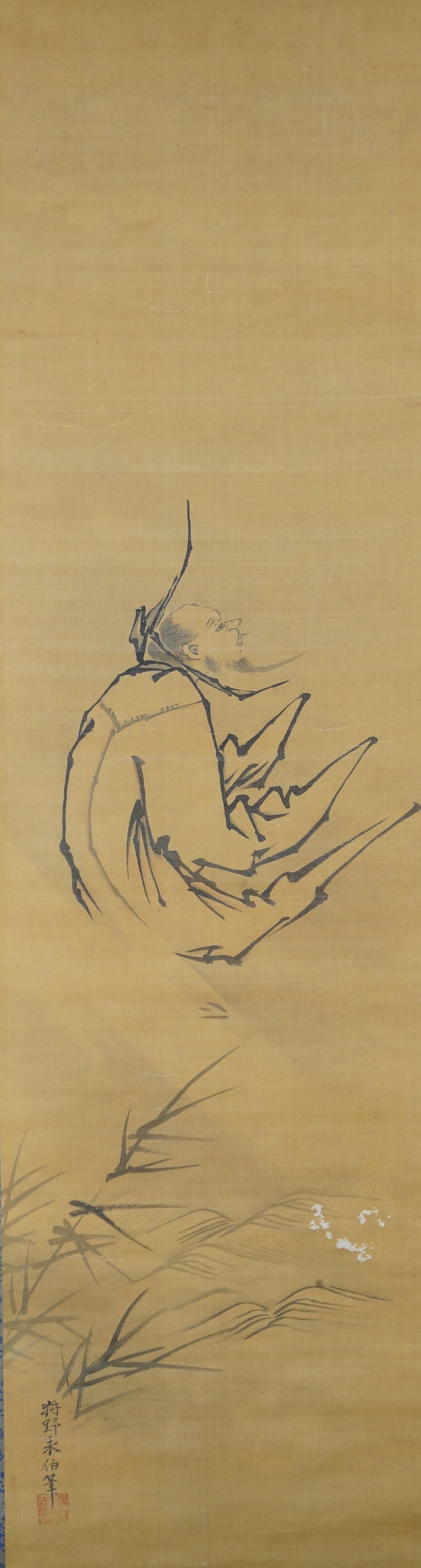 Sitzende Gestalt mit erhobenem Blick in der Rueckzug-Rolle des Kakemono-Sets von Kano Eihaku mit Kuenstlersignatur und Siegel