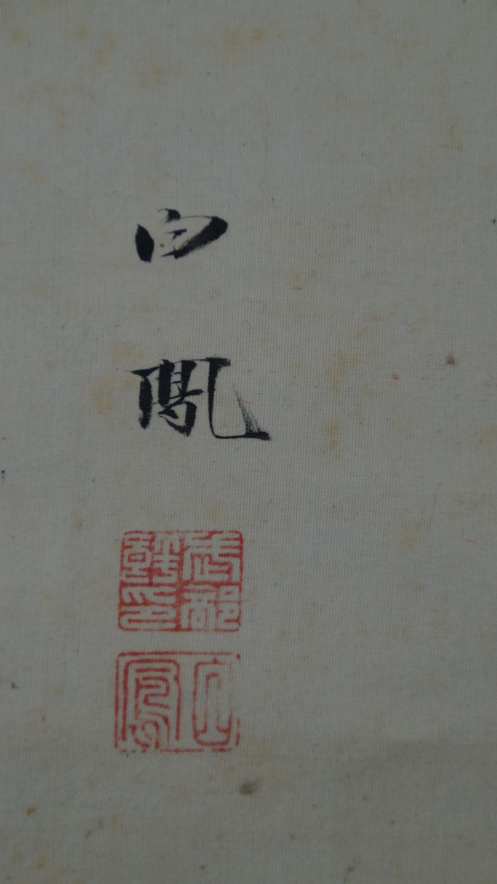 Vue détaillée de la signature de l'artiste Takebe Hakuho et des deux sceaux rouges dans le kakemono Oiseau sur un arbre fruitier