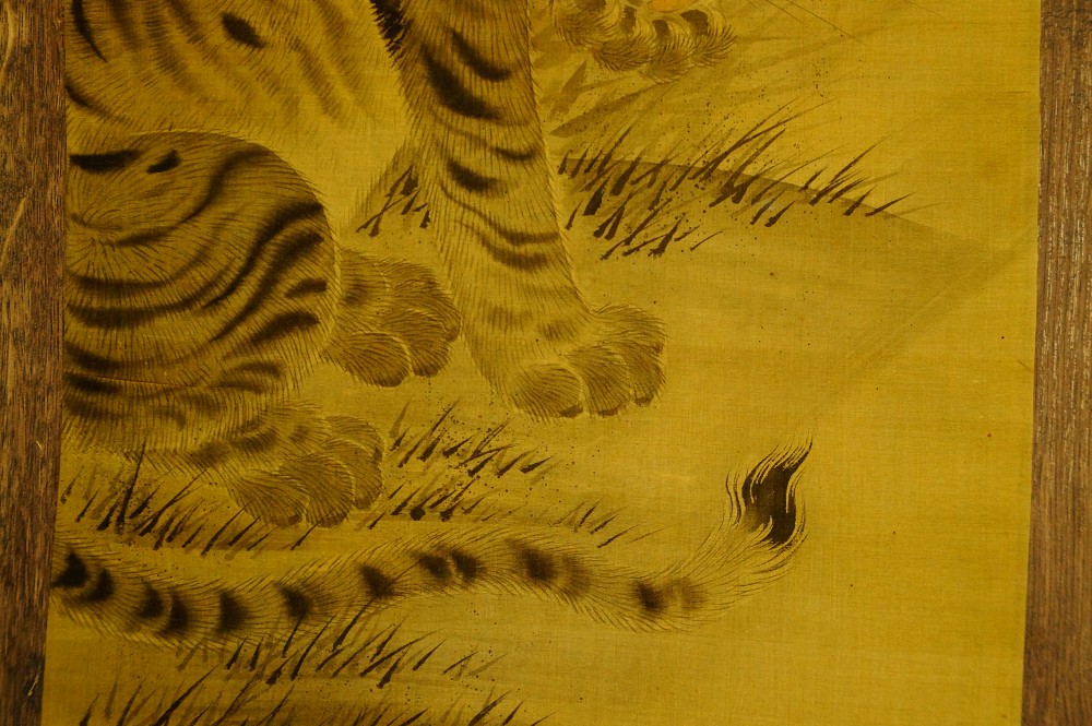Nahaufnahme der gestreiften Tigerpfoten und des geringelten Schwanzes im Gras