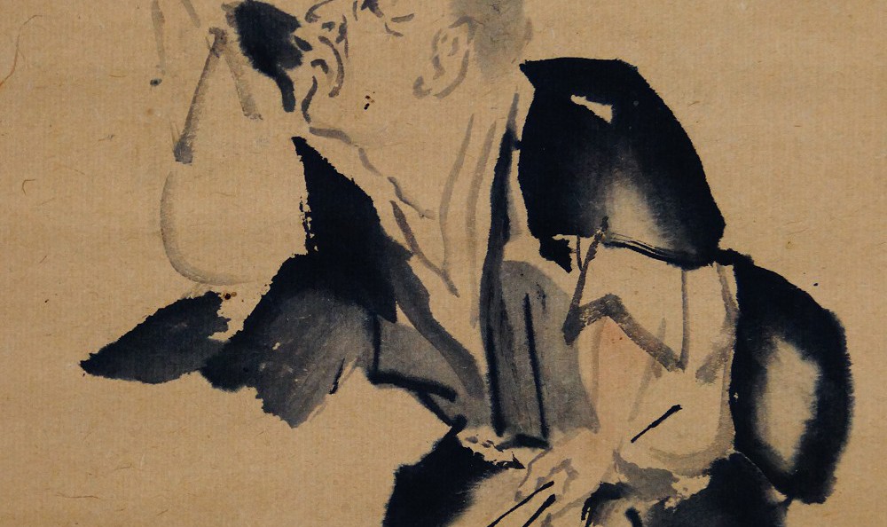 Kakemono von Yamauchi Kōsetsu: Mönch beim Garnelenfang, Tuschemalerei mit Inschrift.