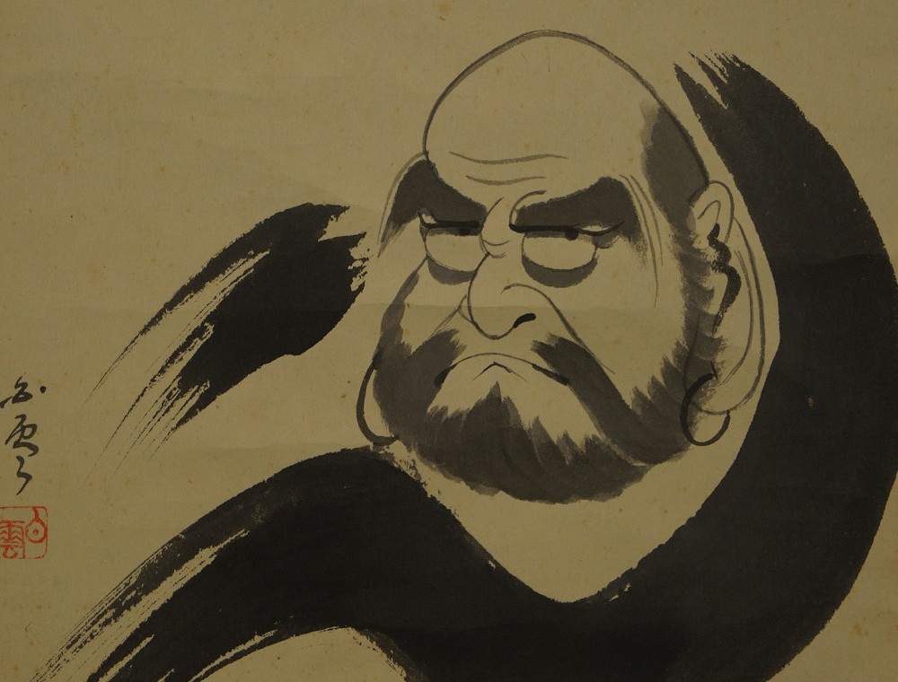 Sumi-e-Tuschemalerei von Bodhidharma mit durchdringendem Blick und Bart