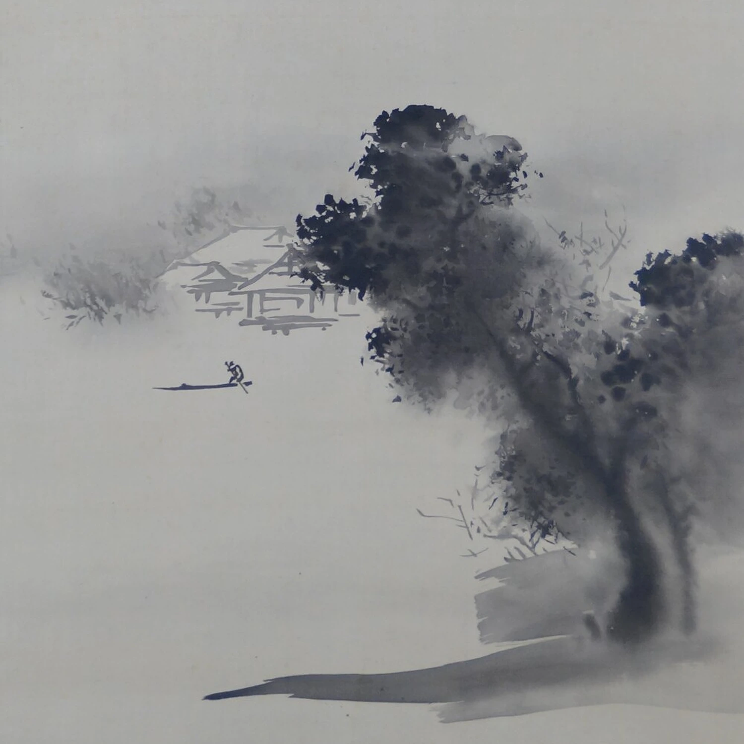 Nebelverhangene Berglandschaft mit Haus, Baum und Fischerboot im Kakemono Haus im Nebel am Berghang von Hashimoto Gaho