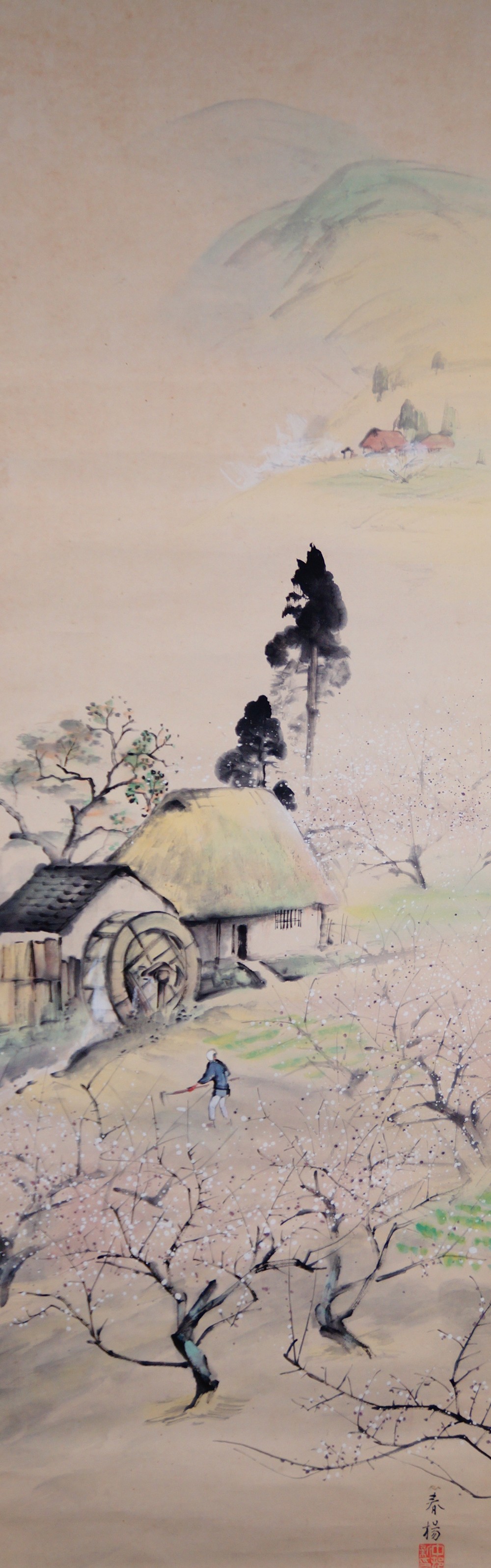 Gesamtmotiv ohne Rahmung mit Dorf, Wassermuehle und bluehenden Pflaumenbaeumen von Nakamura Shunyo